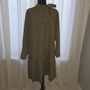 Calvin Klein Olive Green Long Sleeve Tie-Neck Dress